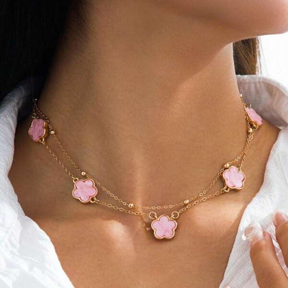 14K Gold Filled Pink Clover Double Chain Necklace